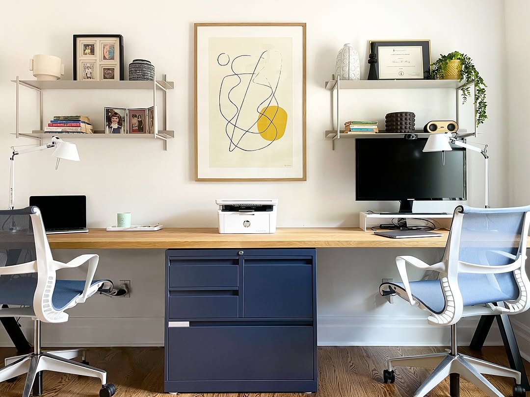 Metal Shelf Units Define Desk Areas