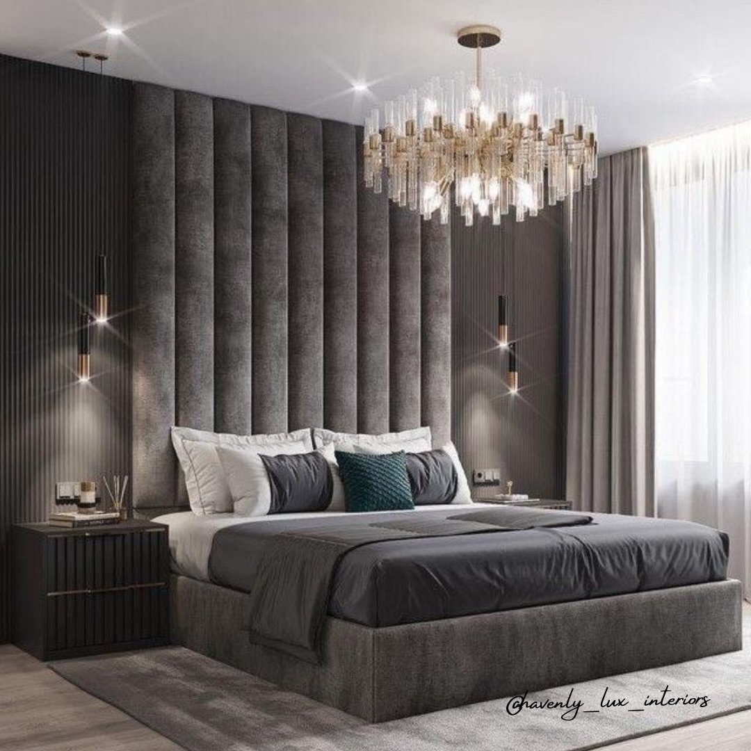 Tall Upholstered Headboard Creates a Dramatic, Cozy Focal Point
