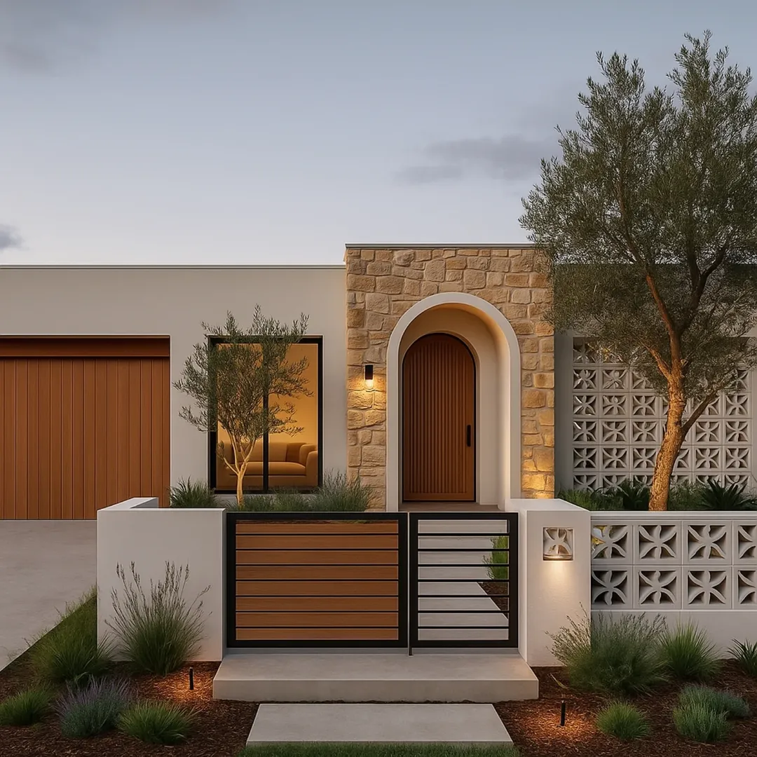 Arched Stone Entryway with Wood Door Creates Warmth