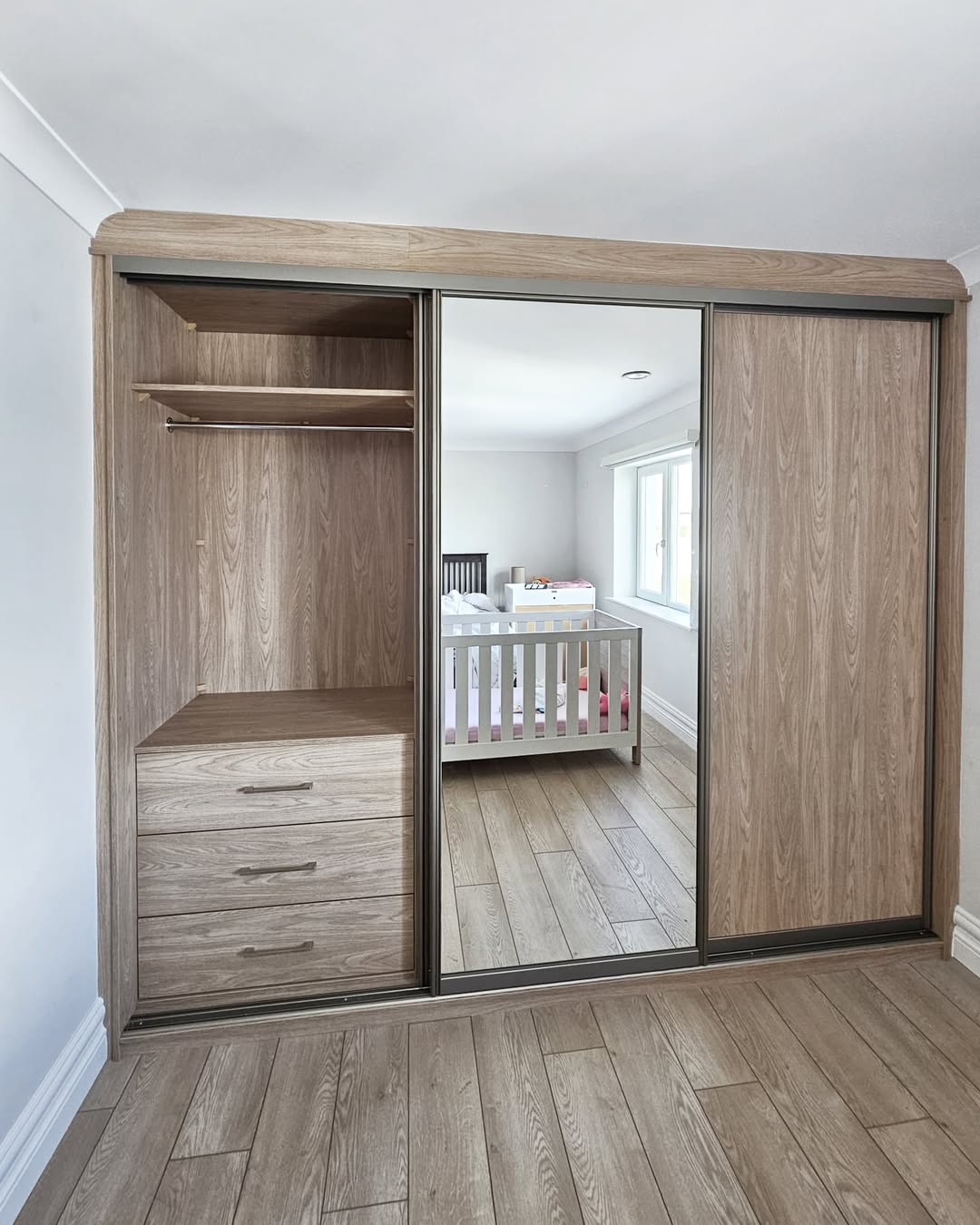 Wood Grain Wardrobe with Integrated Drawer Unit