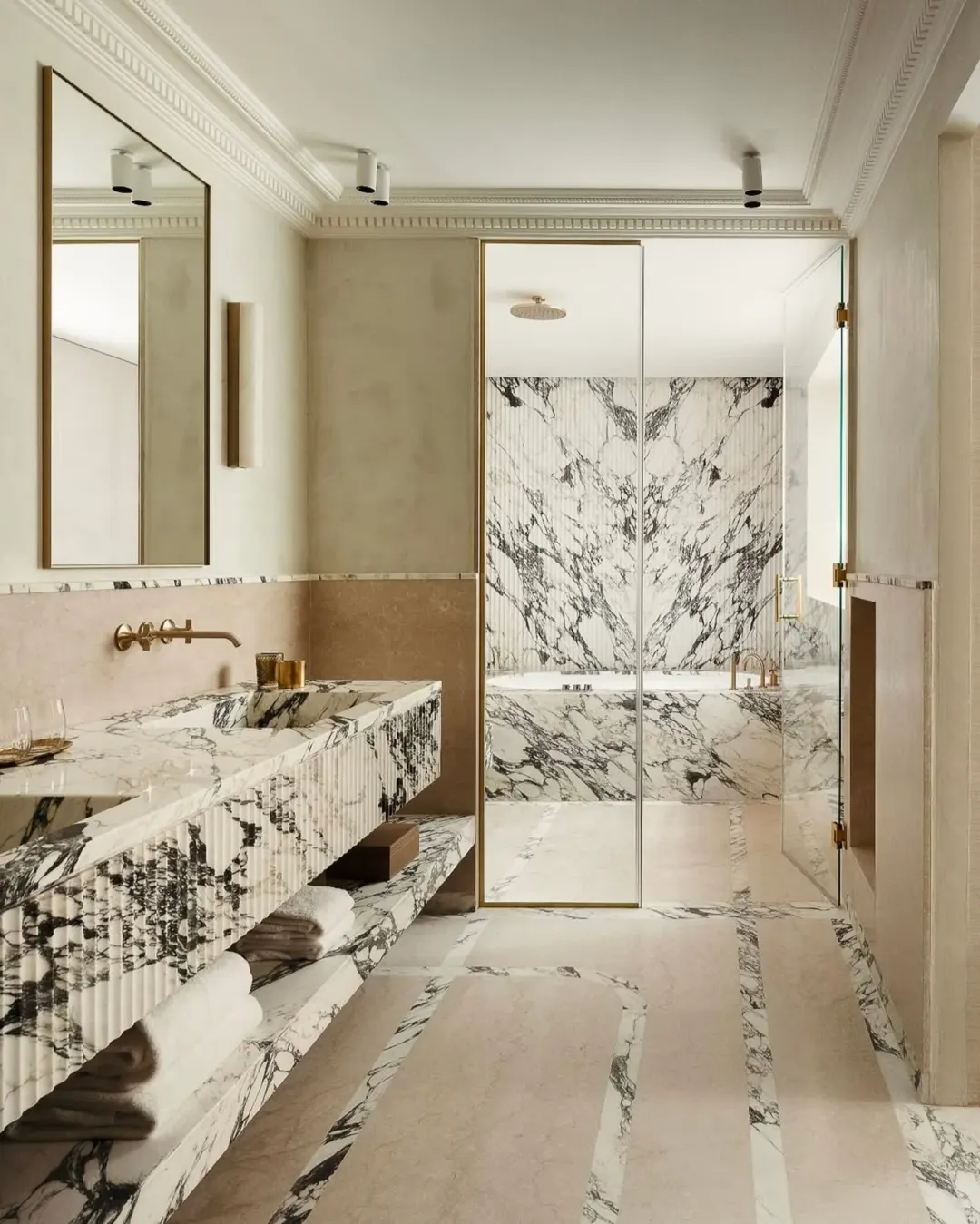 Marble Vanity with Open Shelving for Towels