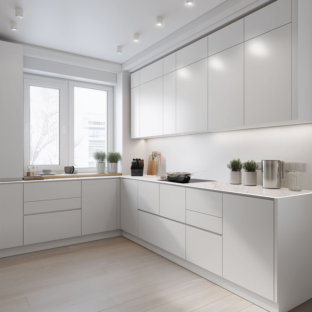 White Slab Cabinetry with Minimalist Metal Pulls