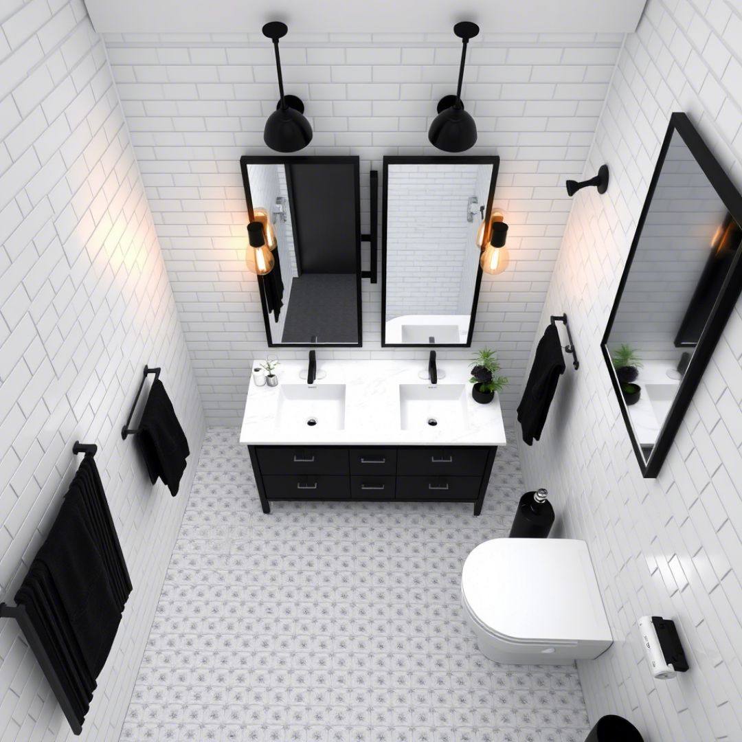 Black Towel Bars Add a Graphic Contrast to White Subway Tile