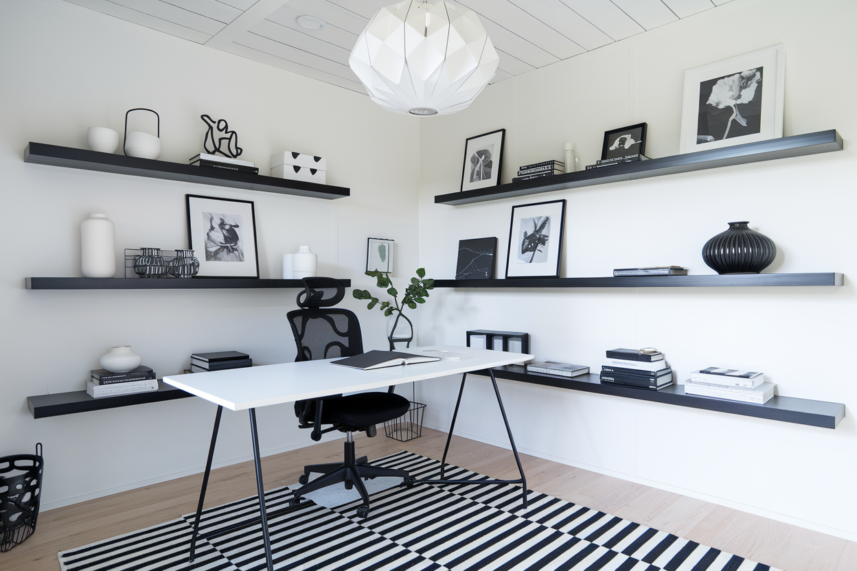 Floating Black Shelves Display Art and Vases