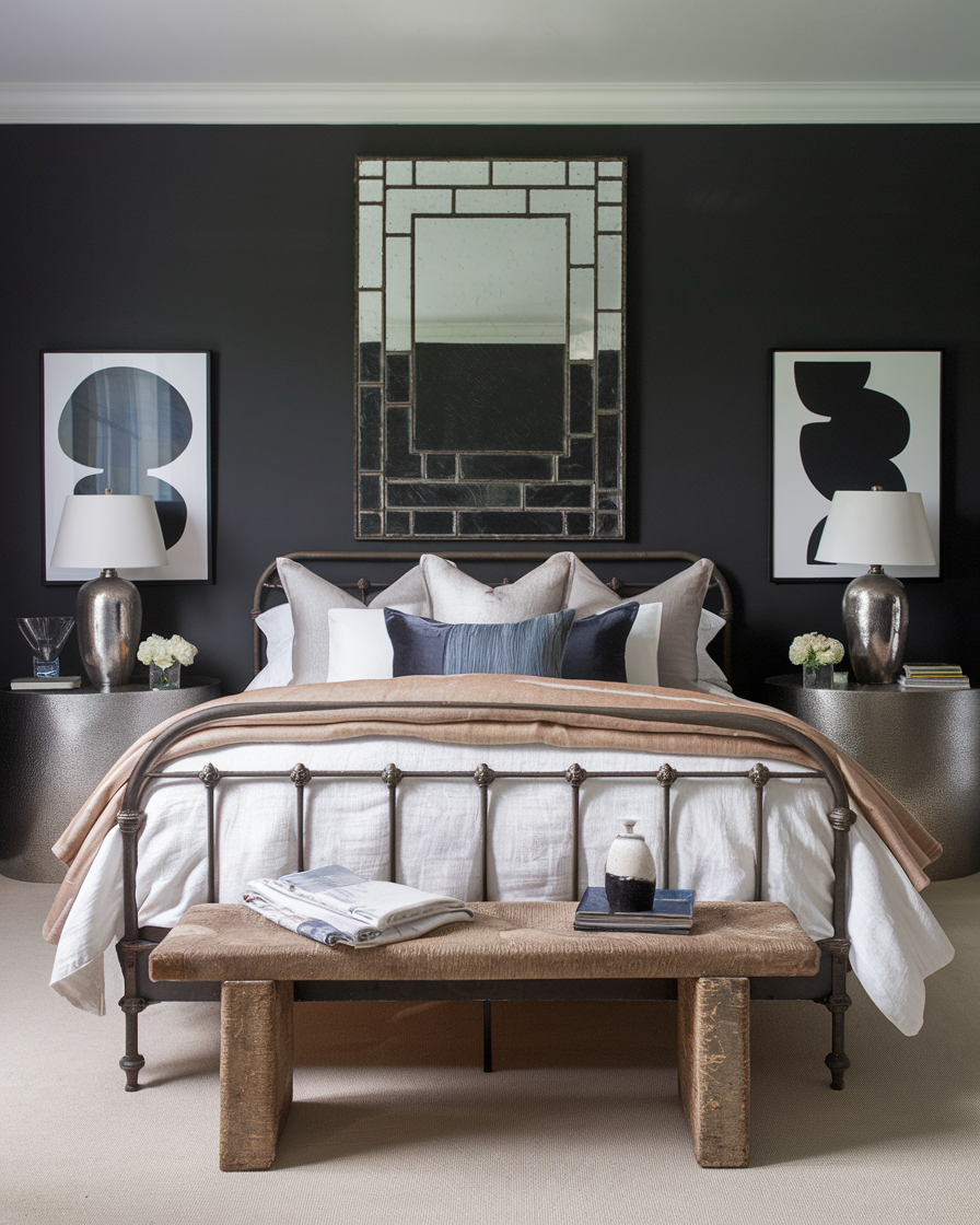 Paneled Mirror Adds Geometric Interest Above the Bed