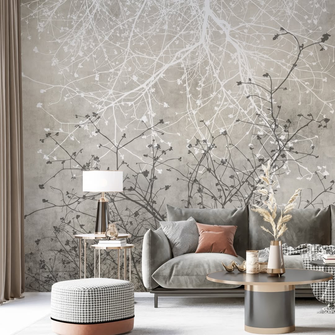 Textured Grey Wallpaper with Delicate White Branches
