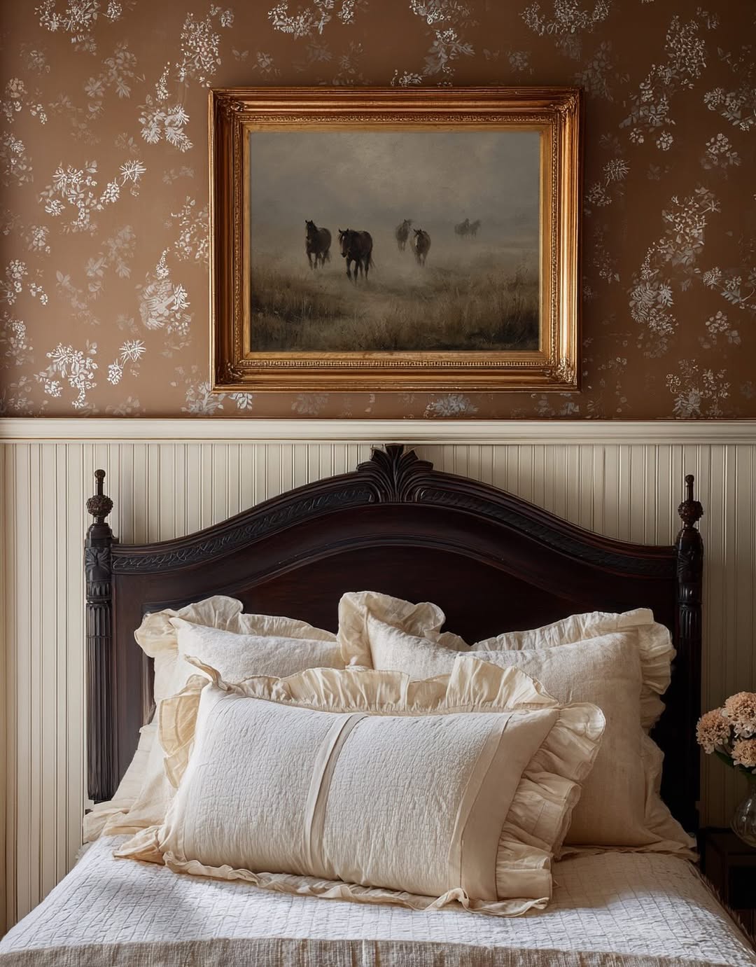Framed Horse Painting Adds Moody Atmosphere Above Bed
