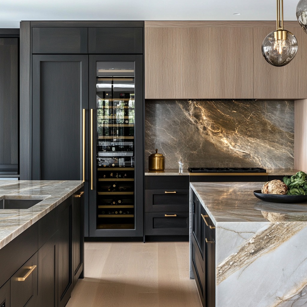 Integrated Wine Fridge with Gold Pulls Adds a Sleek Touch