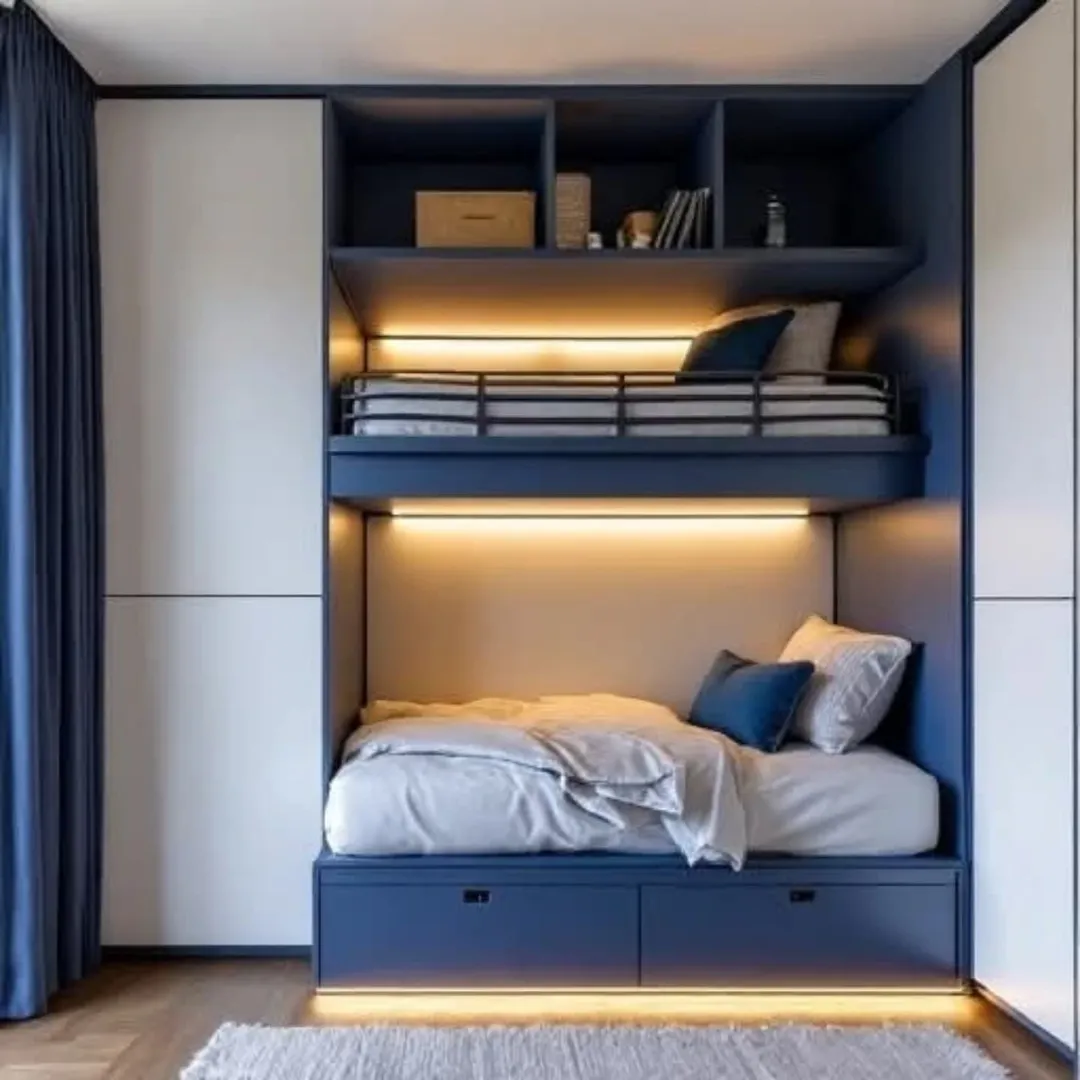 Bunk Beds with Blue Drawer Storage and Under-Bed Lighting