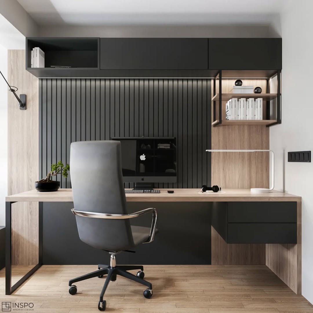Dark Wood Paneling Creates a Striking Backdrop for Shelves