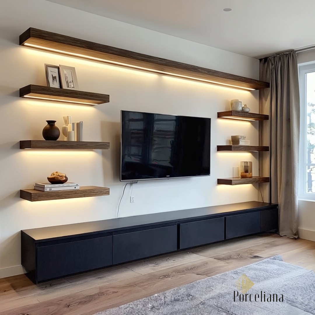 Floating Wood Shelves with Backlit Glow