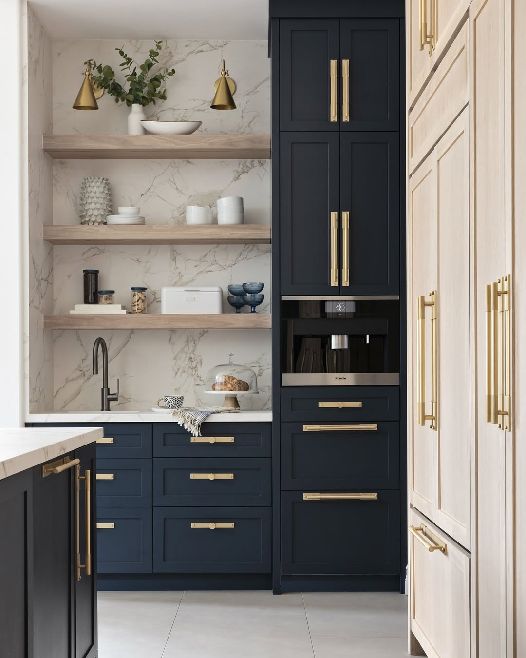 Warm Wood Shelves Display Essentials Against Marble
