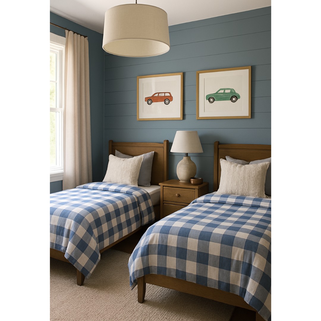 Framed Car Art Adds Playful Personality Above Twin Beds