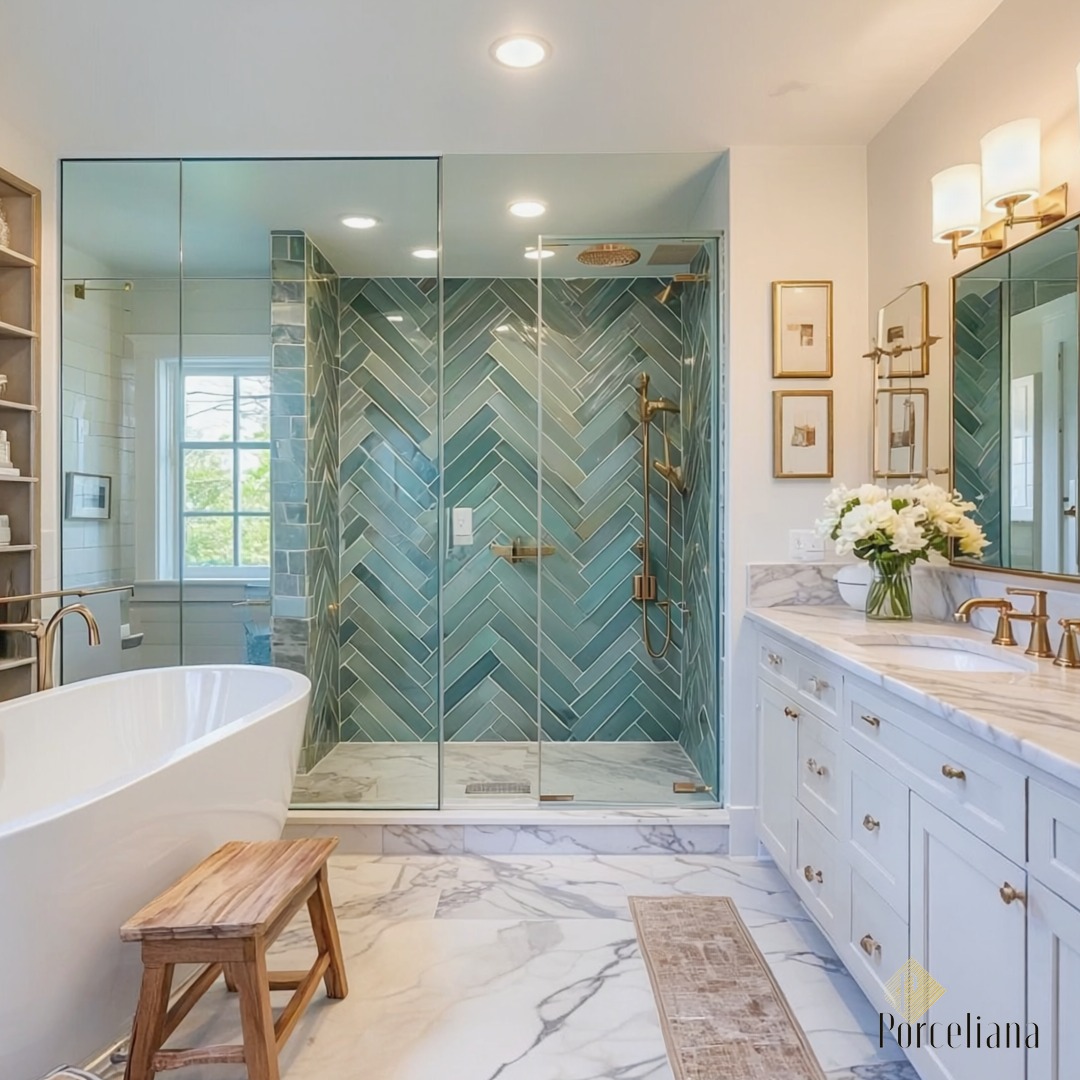 Teal Herringbone Shower Tiles for a Watery Focal Point