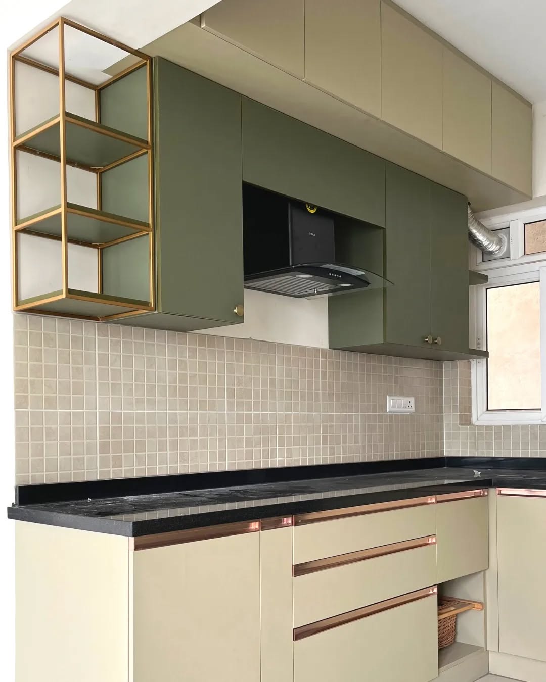 Incorporate Open Shelving With Gold Frames and Frosted Glass