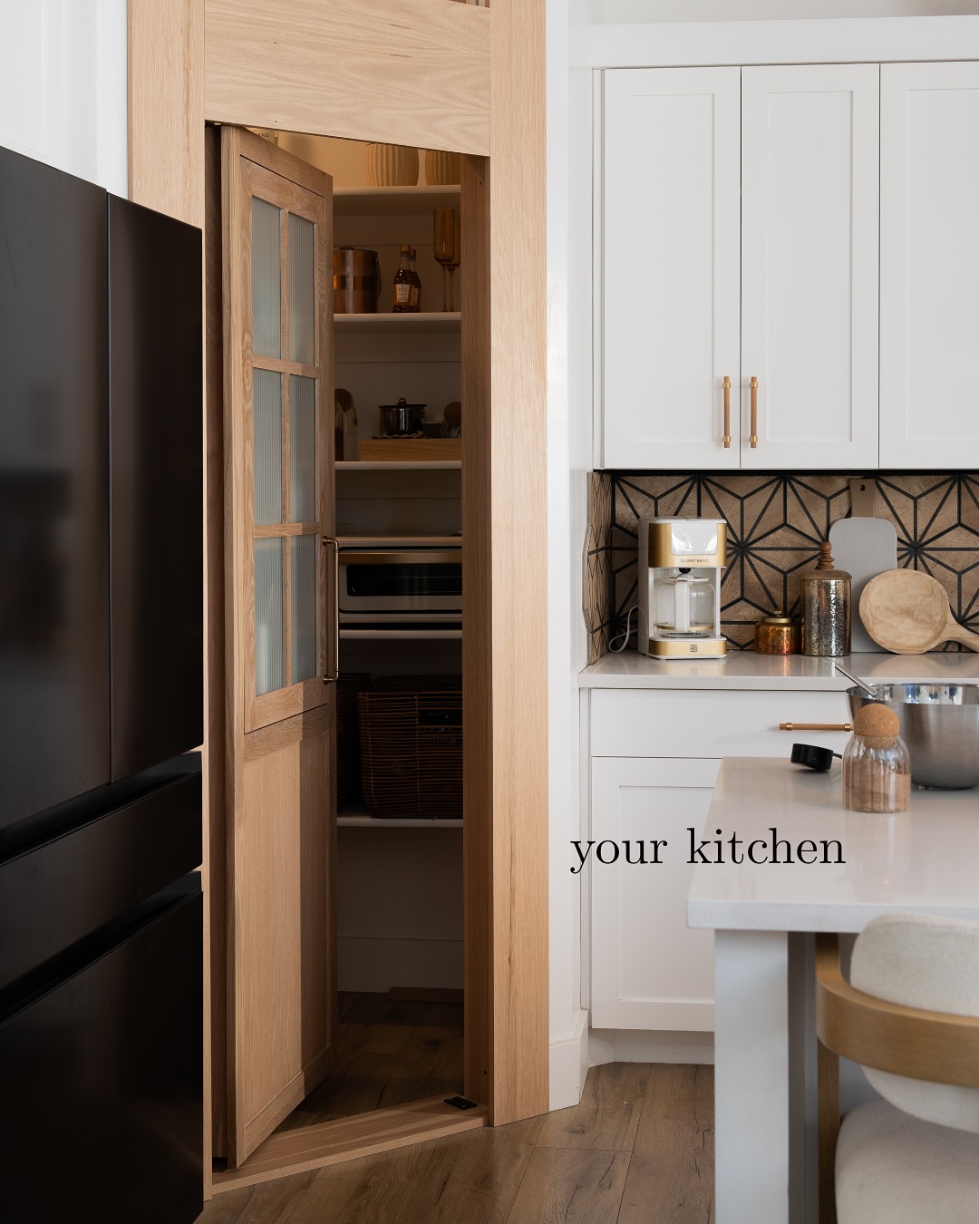 Natural Wood Door with Frosted Glass Panels Hides Pantry Storage