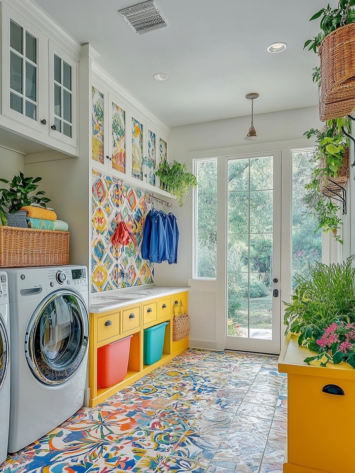 Bold Tile Flooring Anchors a Colorful Laundry Space