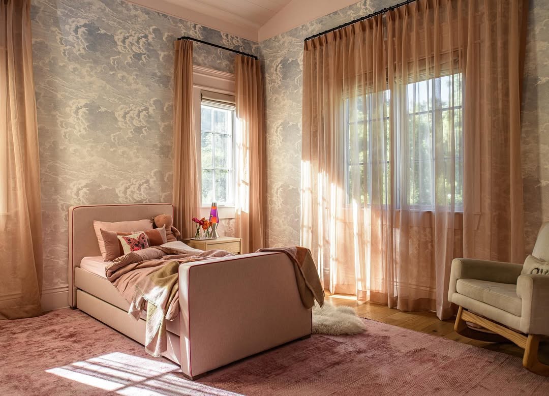 Cloud Wallpaper Creates a Dreamy Backdrop for a Serene Bedroom