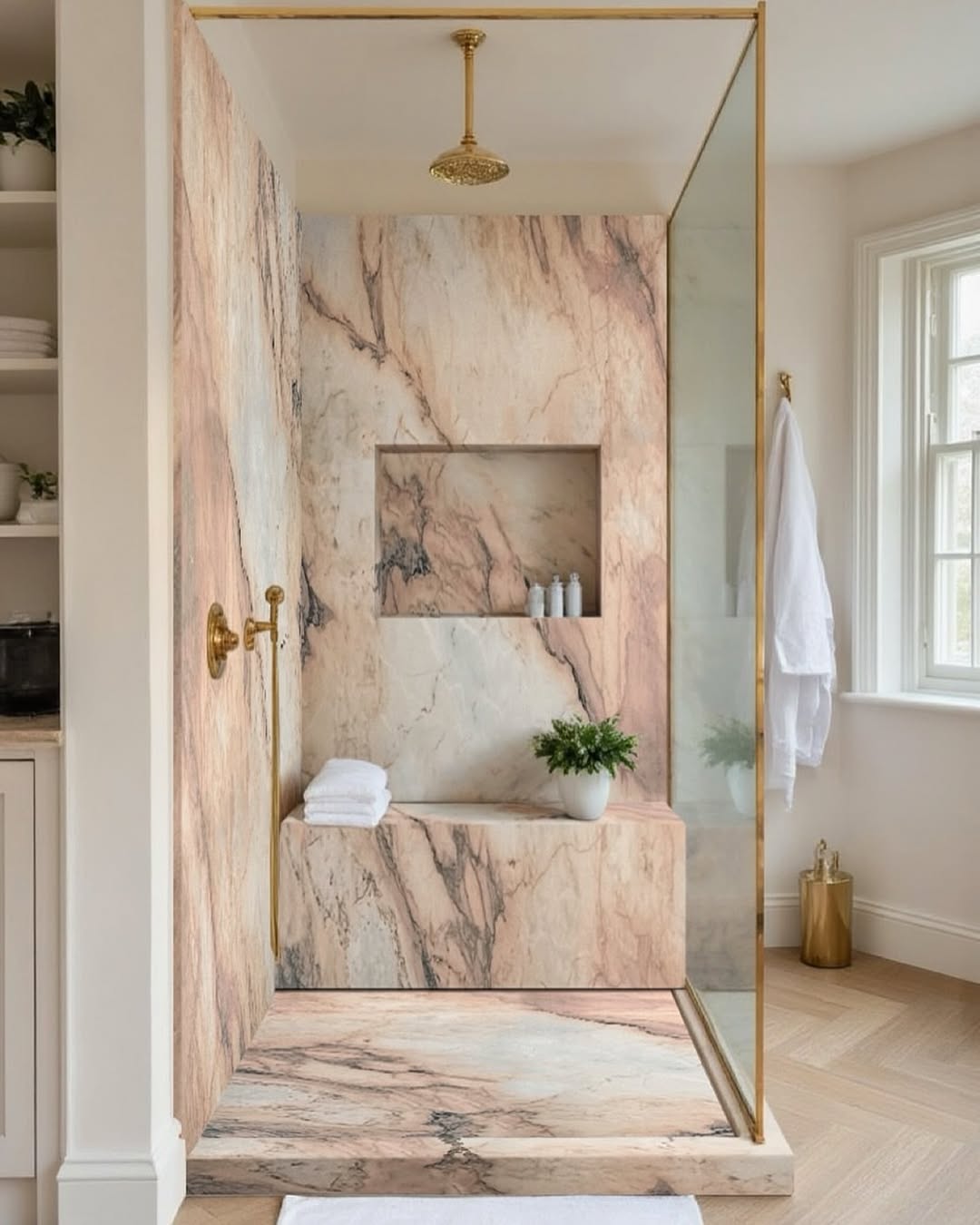 Marble Shower Bench with Integrated Plant Display