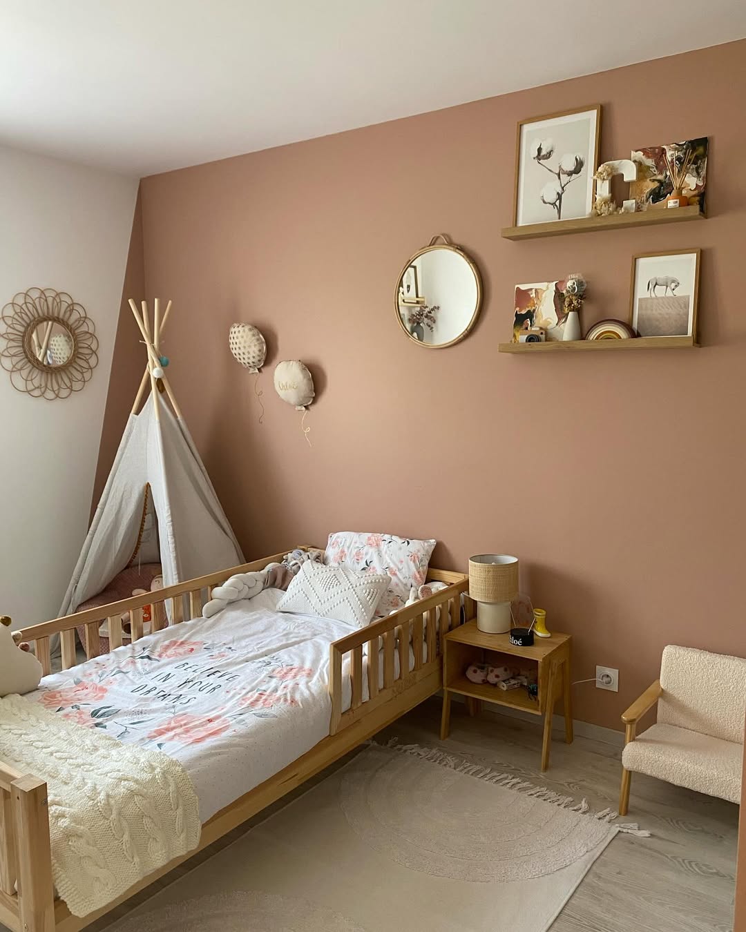 Wooden Bed Frame With Rattan Mirror Adds Natural Texture