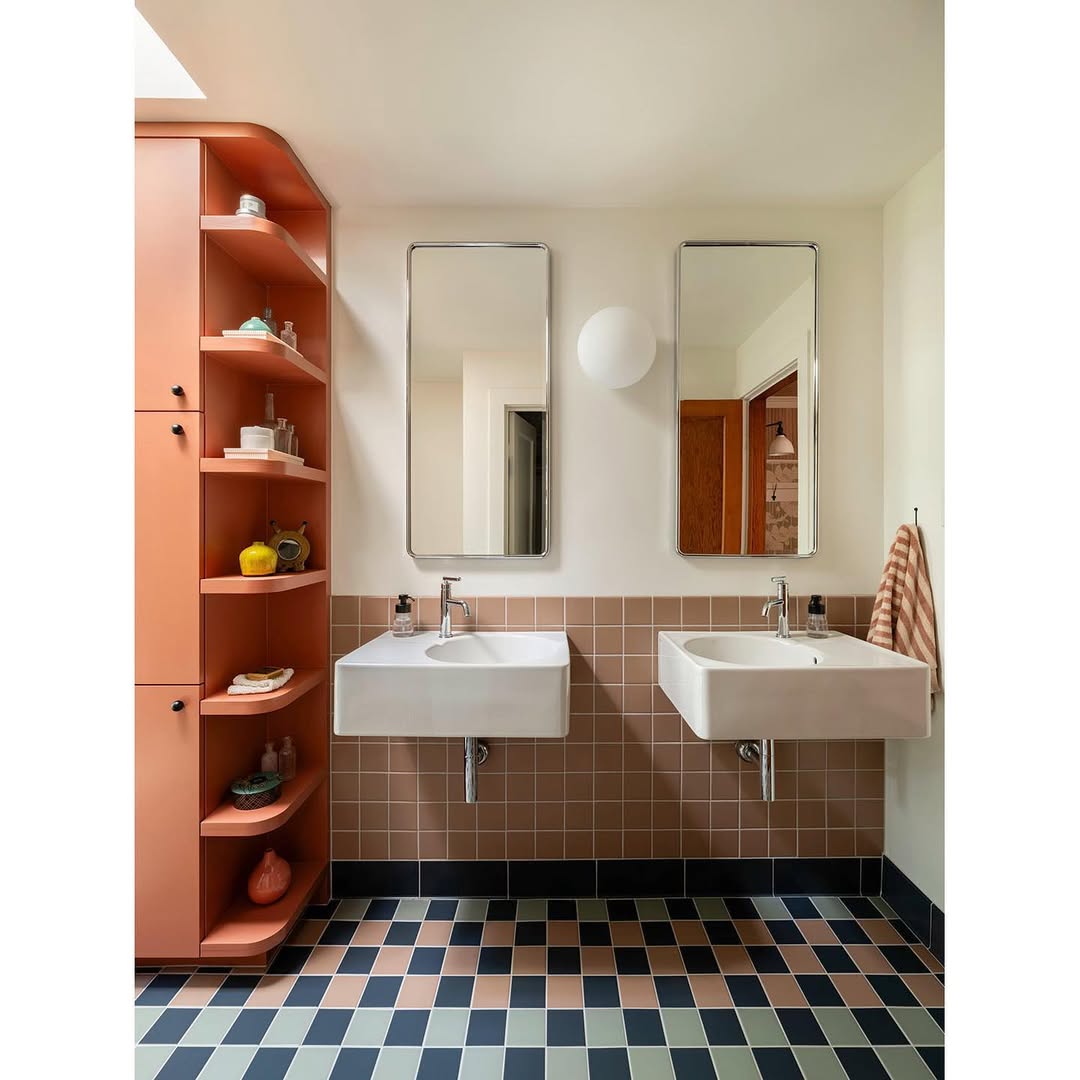 Curved Coral Shelving for Open Bathroom Storage