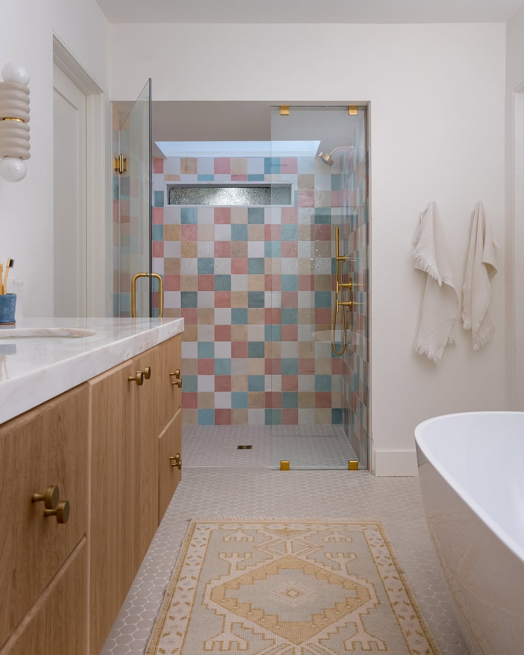 Checkerboard Shower Tile in Pastel Hues Adds Playful Charm
