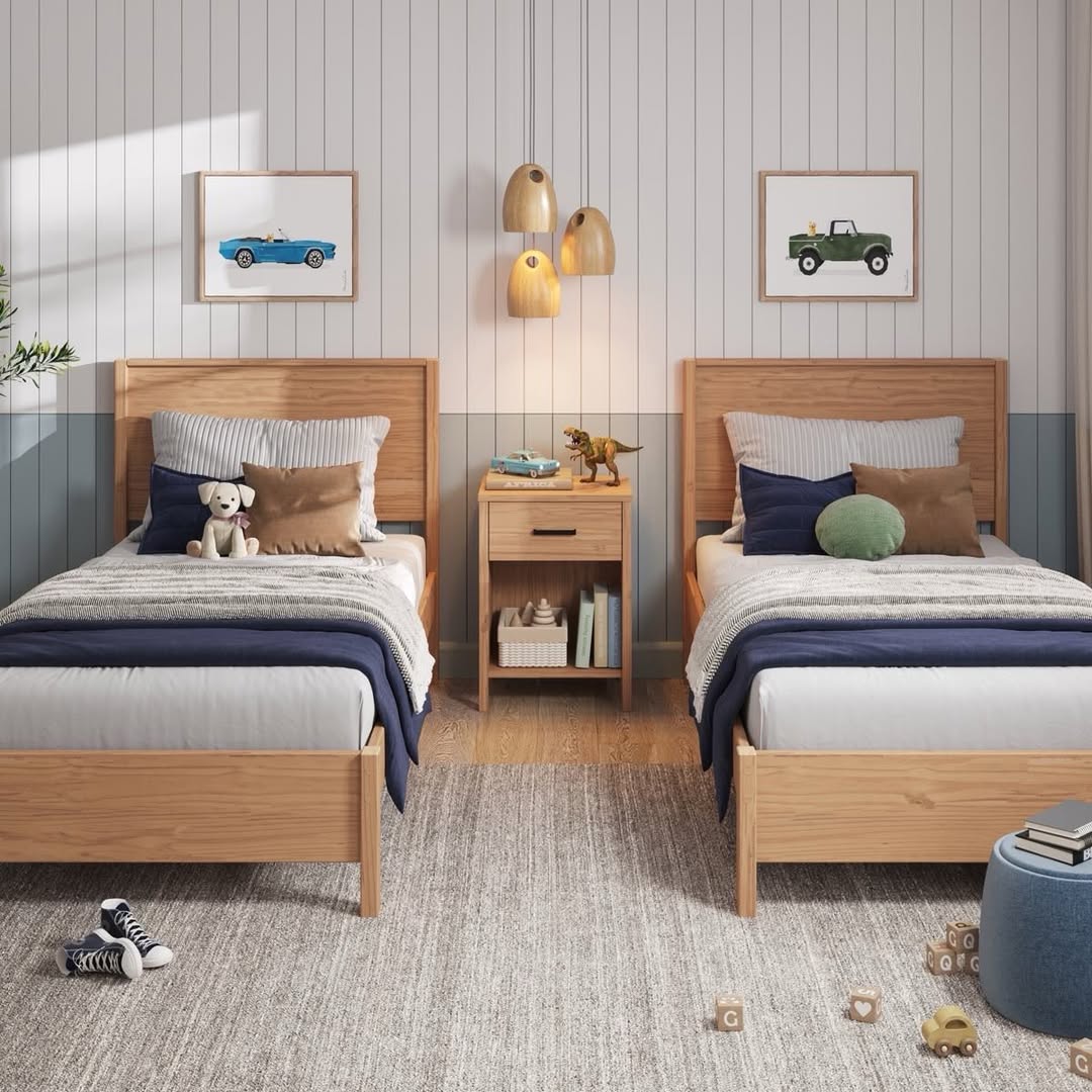 Wooden Nightstand With Toy Car and Dinosaur Decor