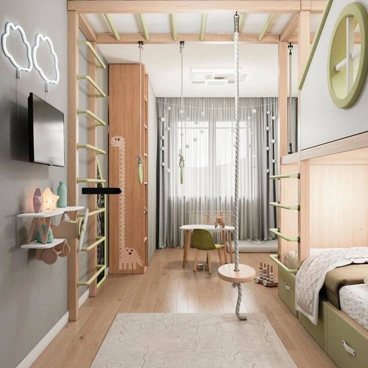 Wooden Climbing Wall with Integrated Play Features