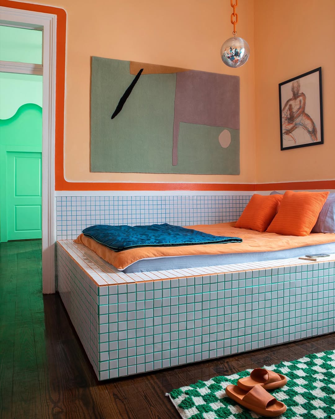 Tiled Platform Bed Adds a Bold Geometric Foundation