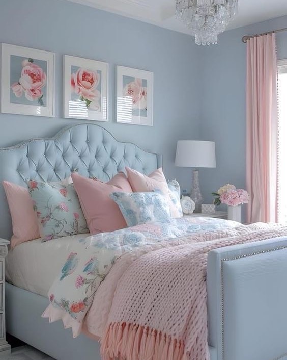 Three Framed Floral Prints Add Soft Color Above The Bed