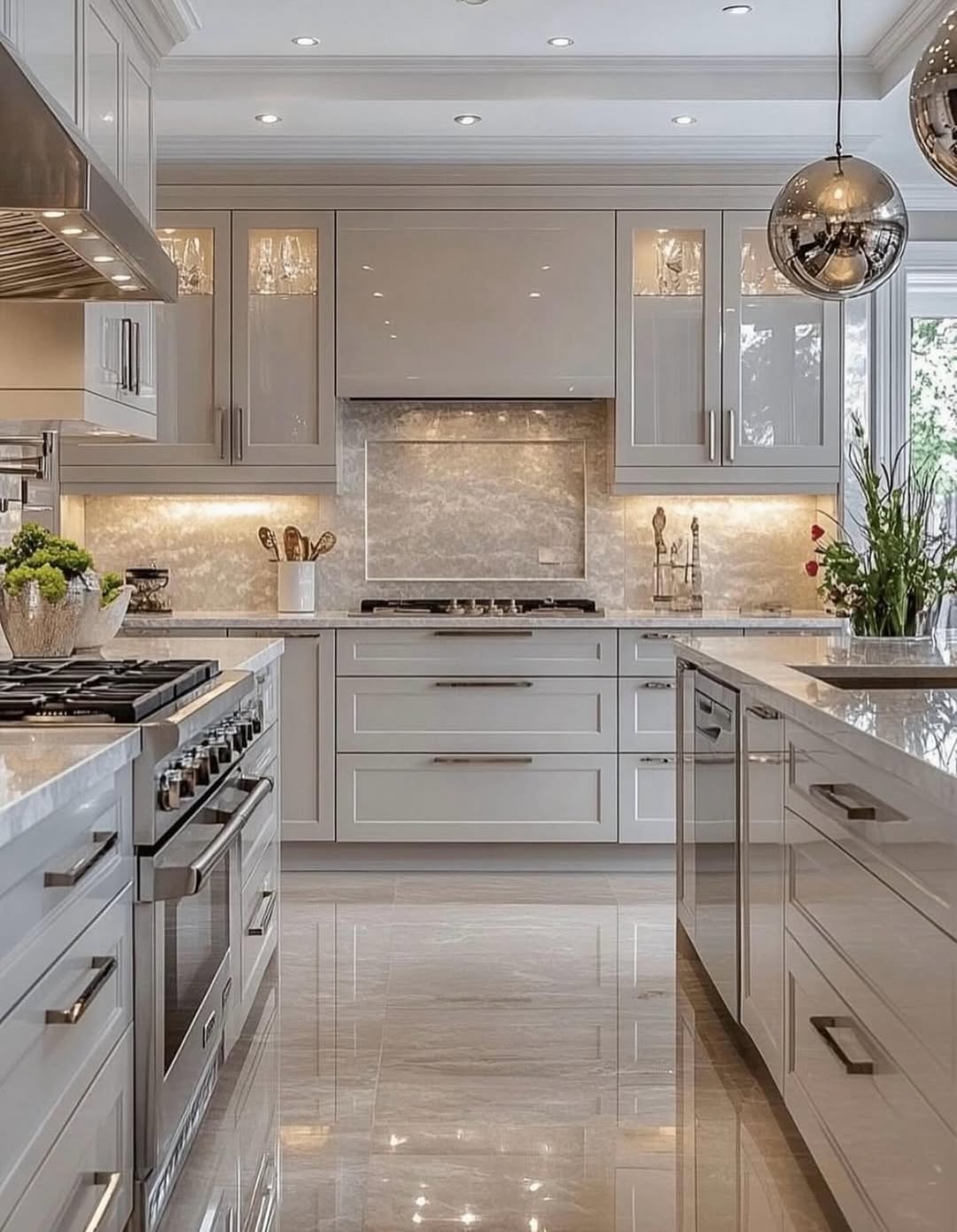 Glossy Grey Cabinets Feature Integrated Metal Handles