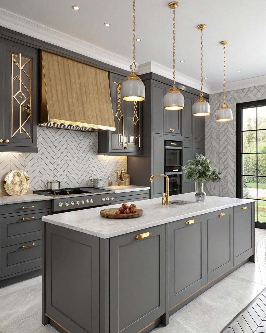 Gold Accents on Dark Gray Cabinetry Add Glamour