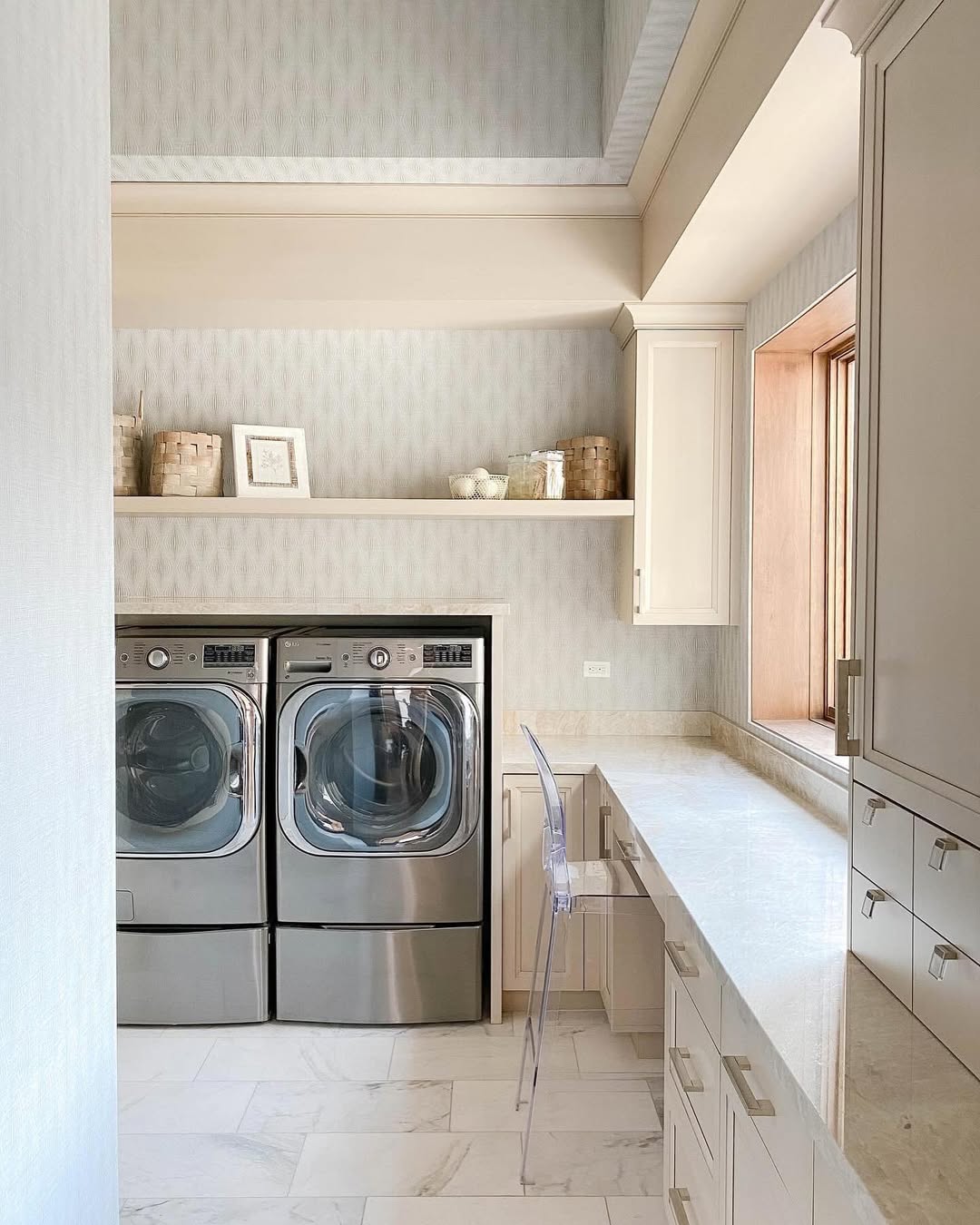 Floating Shelf With Woven Baskets for Laundry Supplies
