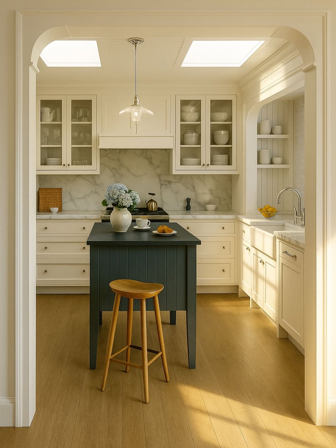 Dark Blue Kitchen Island Adds A Grounding Focal Point