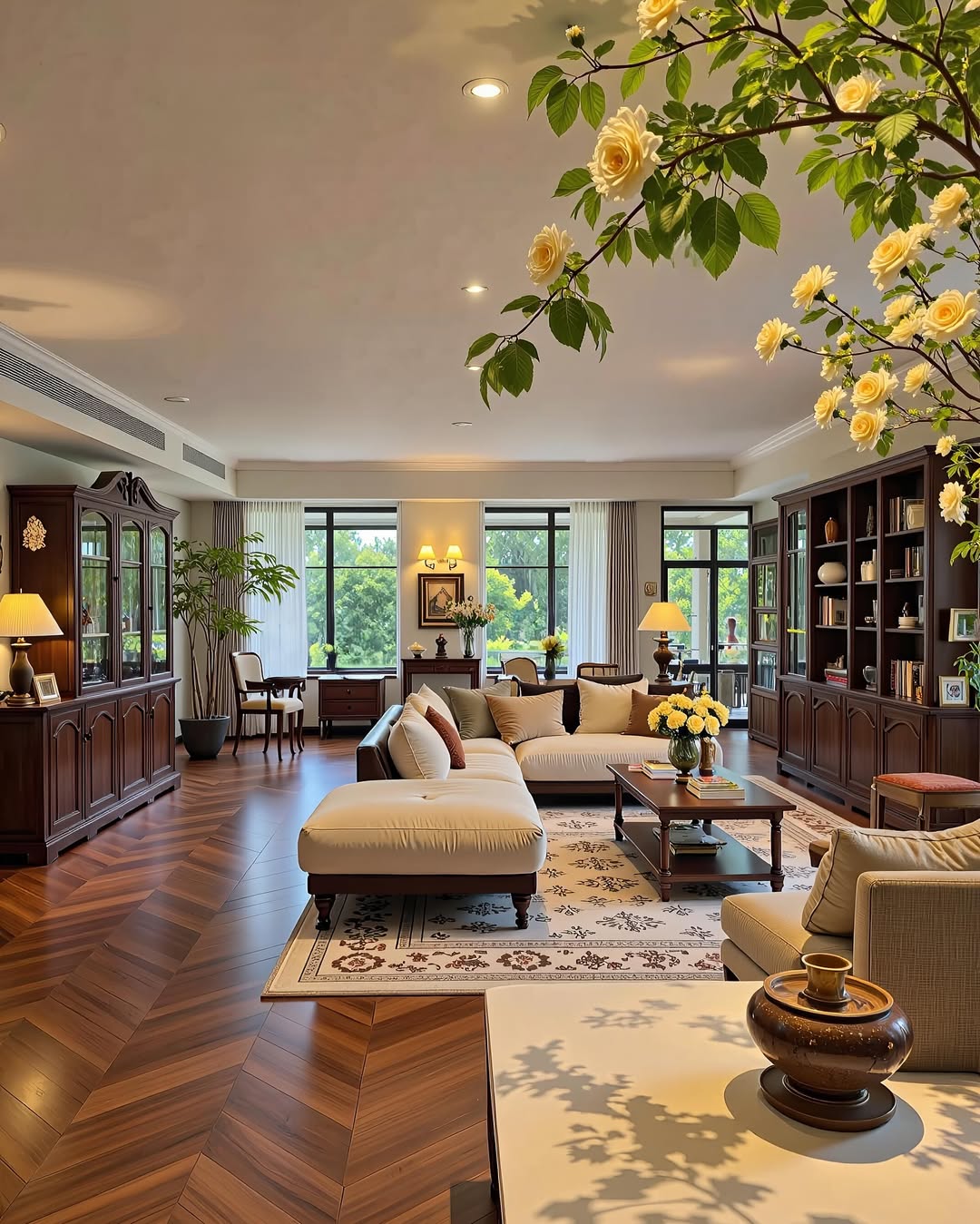Frame Your Seating Area with Tall Dark Wood Bookcases
