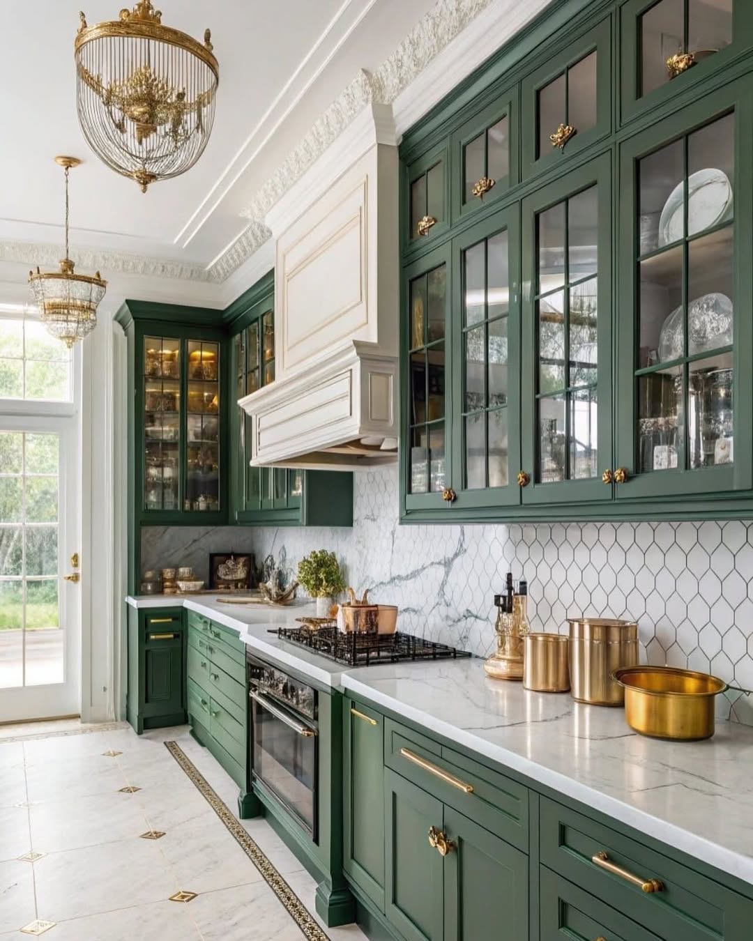 Dark Green Cabinets with Gold Hardware and Glass Fronts