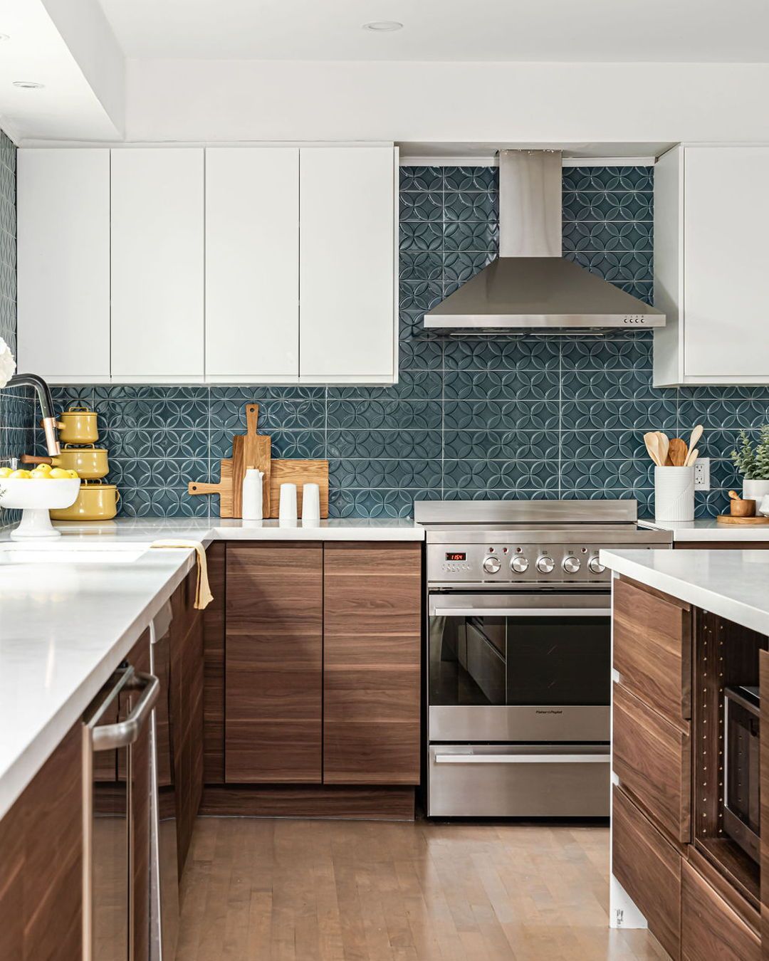 Incorporate Geometric Pattern With Textured Teal Tiles Behind the Stove