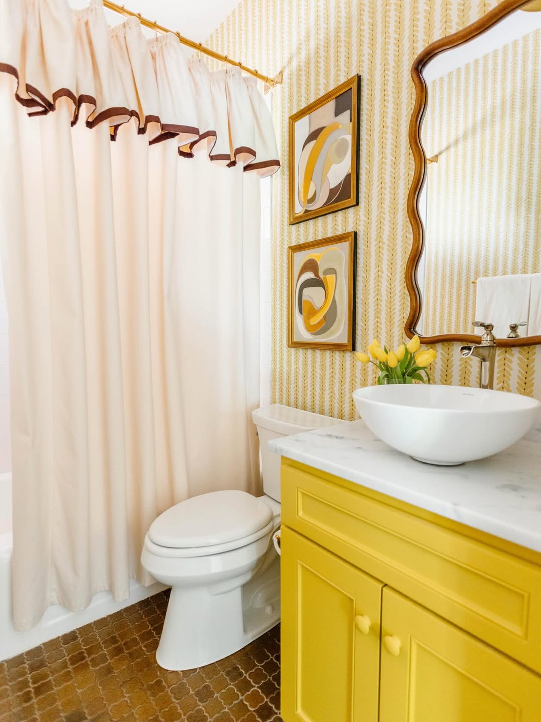 Ruffled Shower Curtain Adds Softness to a Bright Space