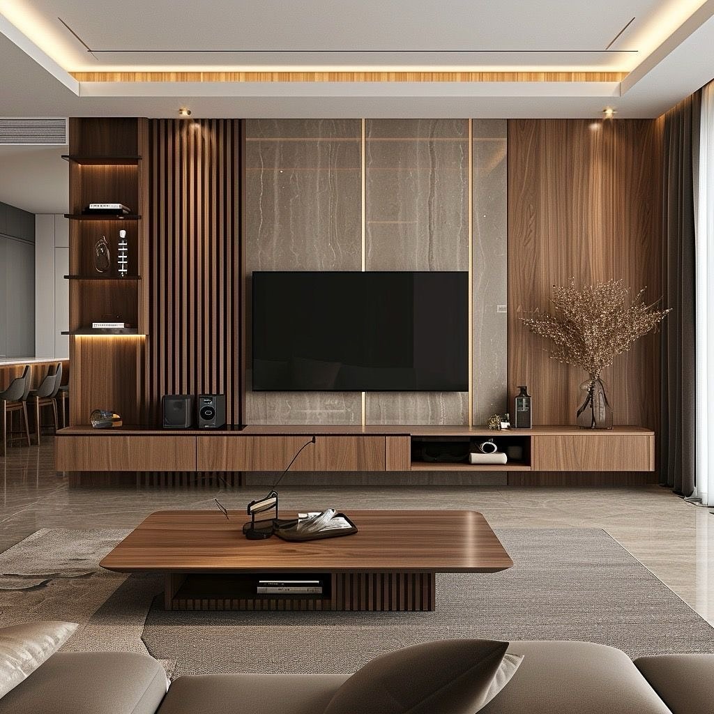 Vertical Wood Slats Contrast Marble TV Wall