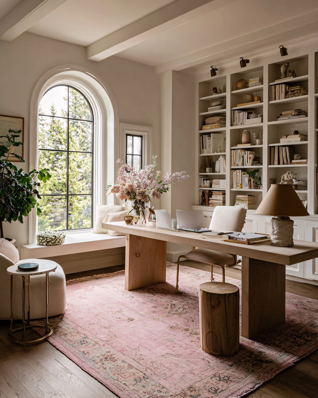 Light Wood Desk with Natural Wood Stool
