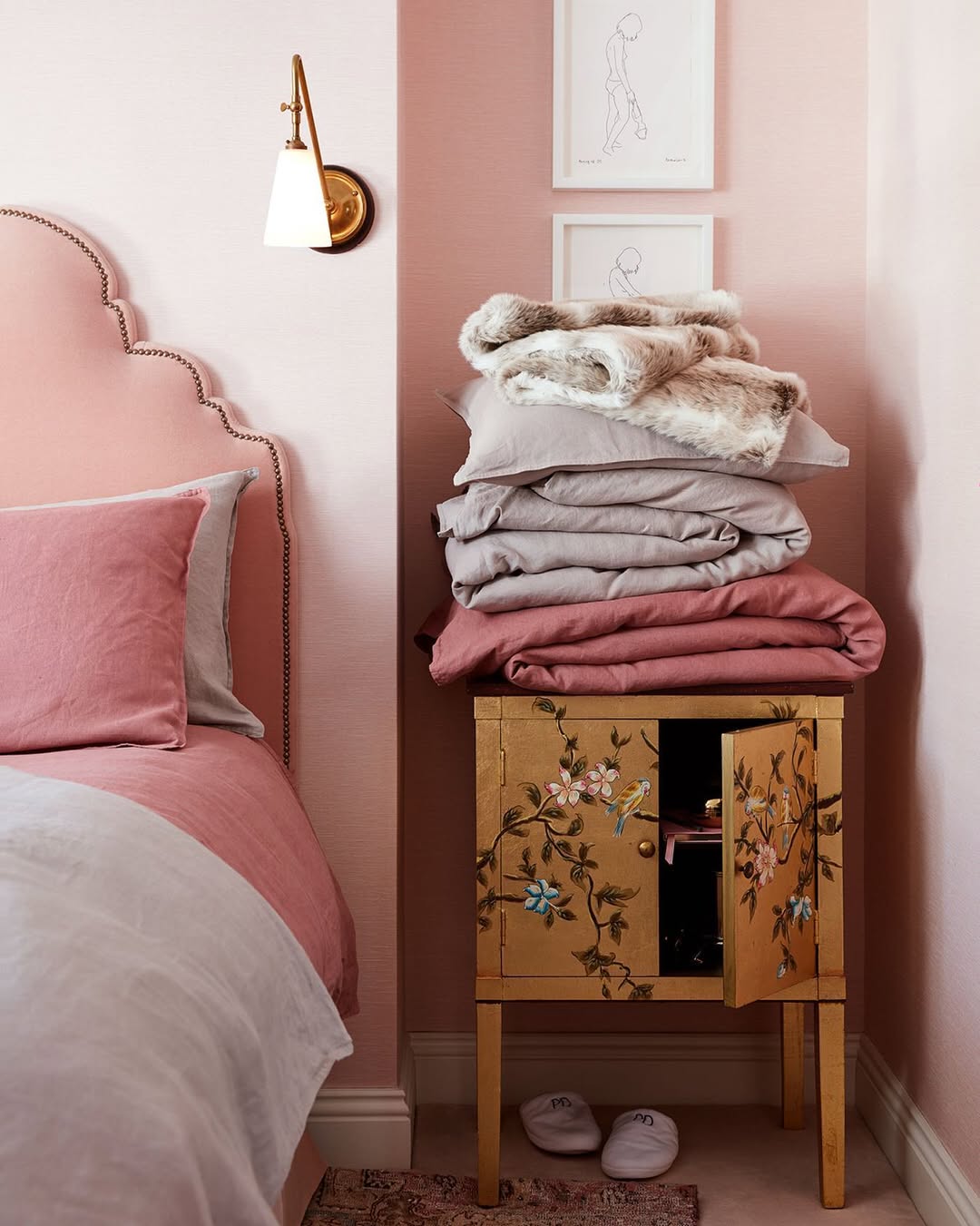 Painted Cabinet Adds a Pop of Pattern to Soft Pink Walls