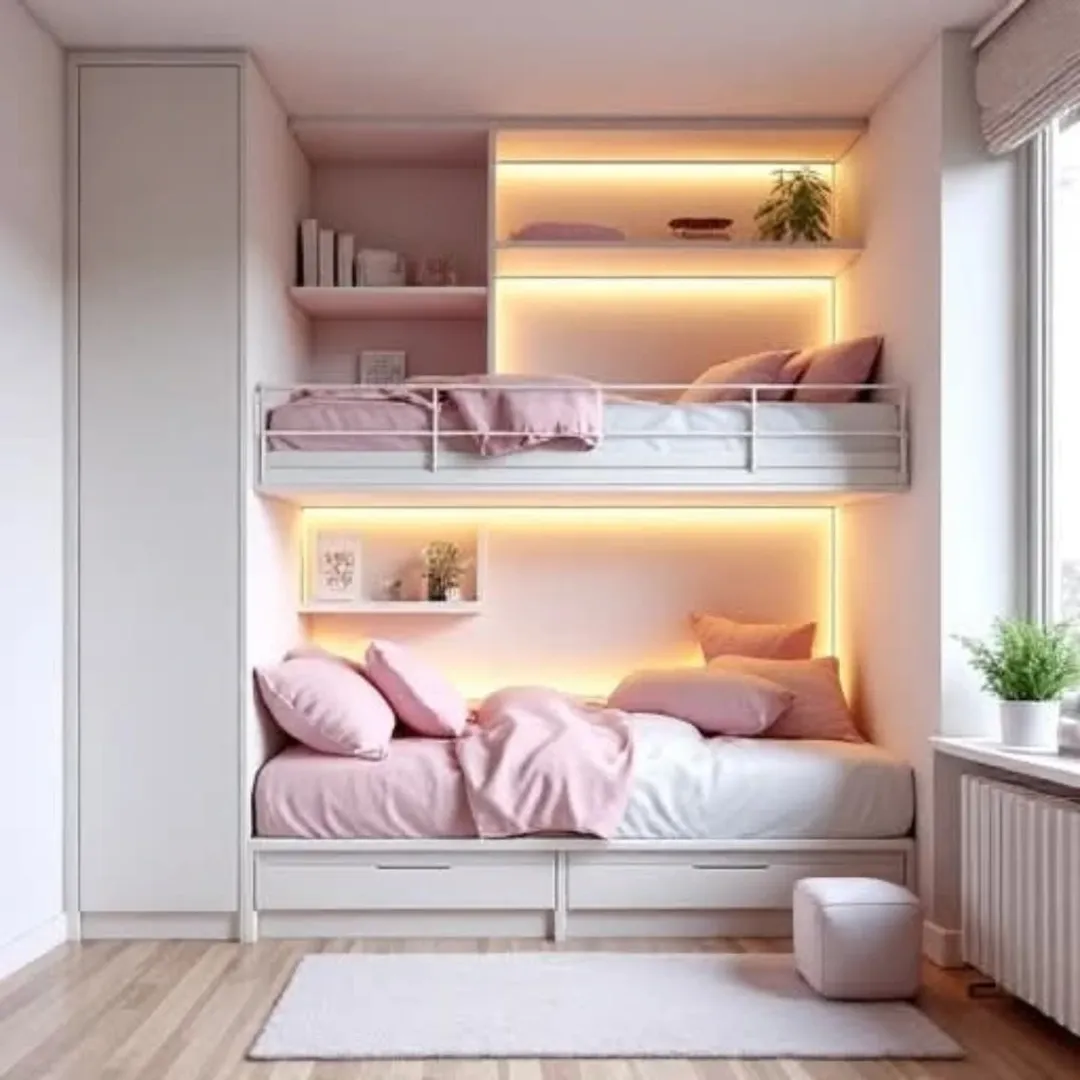 Bunk Beds with Recessed Shelving and Warm Backlighting