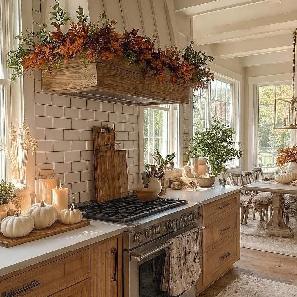 Wooden Range Hood Decorated With Fall Foliage