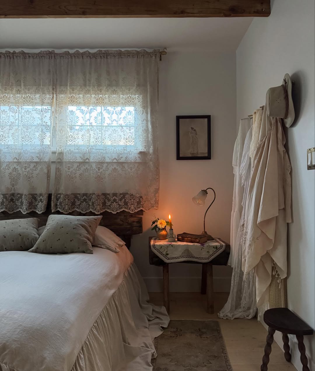 Lace-Trimmed Tablecloth Adds Delicate Detail to Bedside Stand