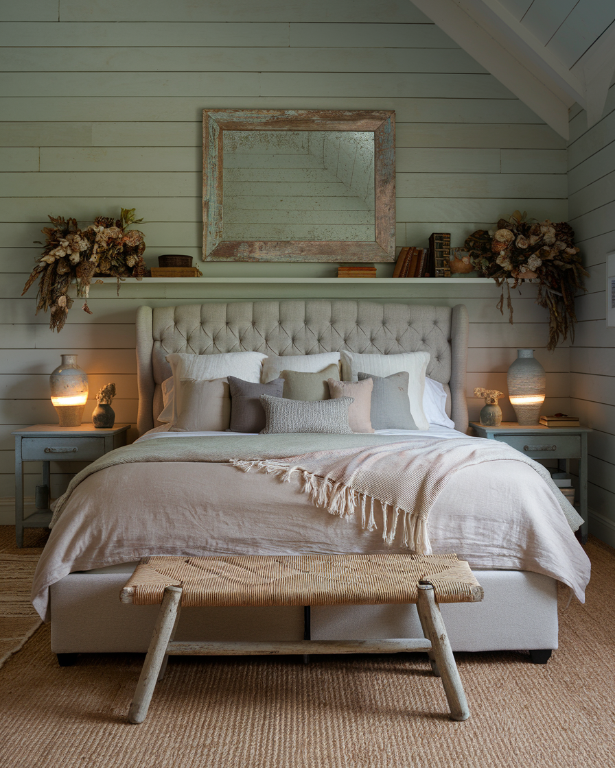 Distressed Mirror Adds Vintage Character Above the Bed