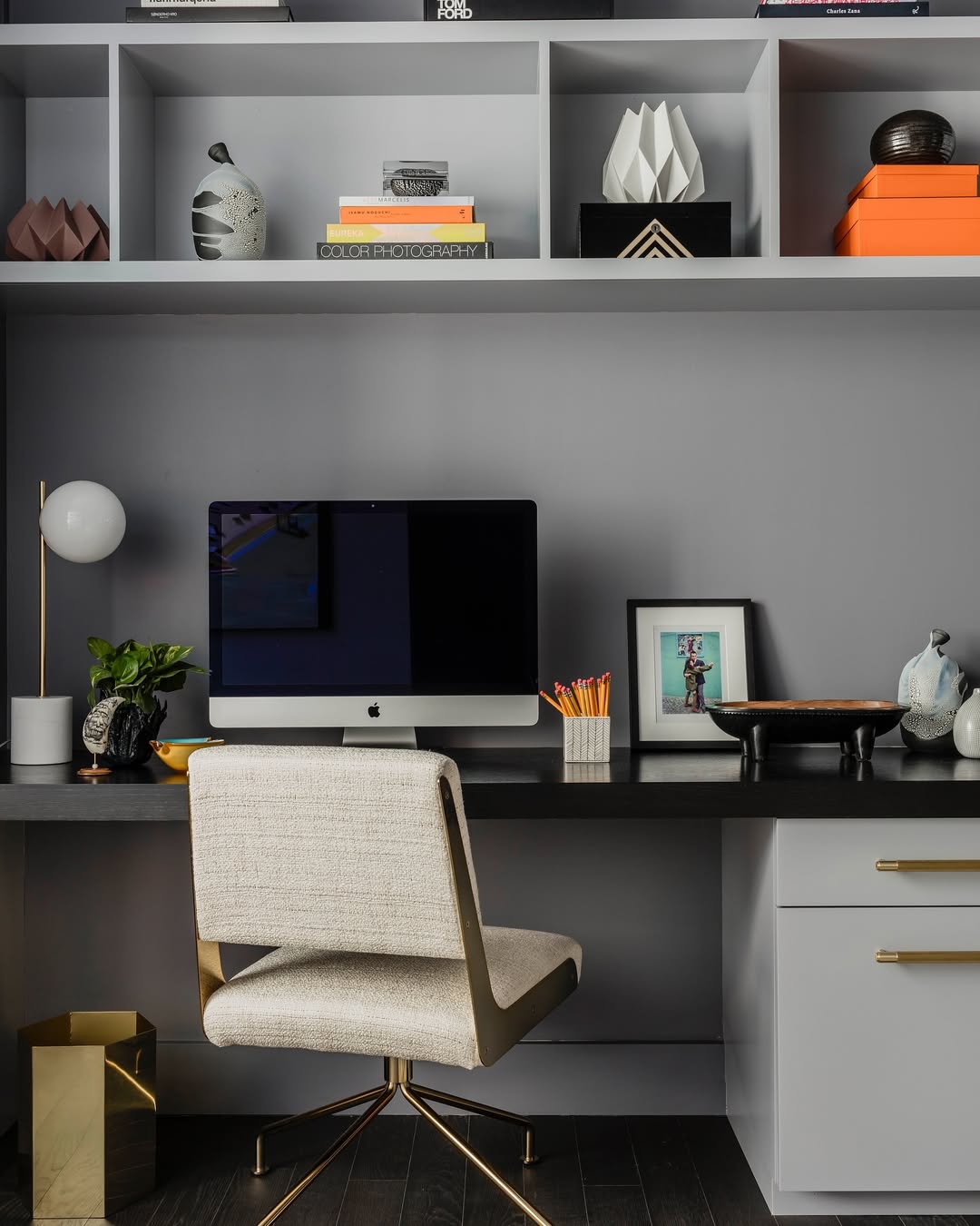 Grouped Shelves Display Artful Objects and Books