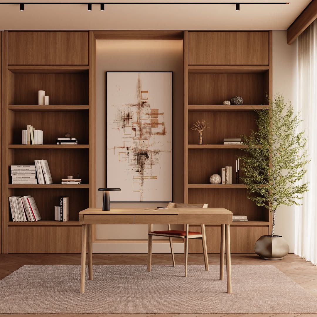 Tall Tree in Geometric Planter Softens Built-In Shelving