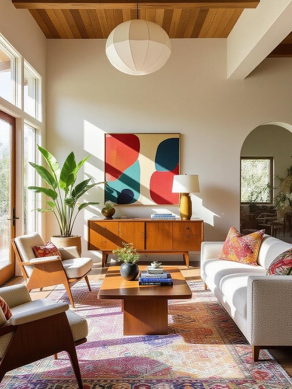 Mid-Century Credenza Displays Colorful Abstract Art