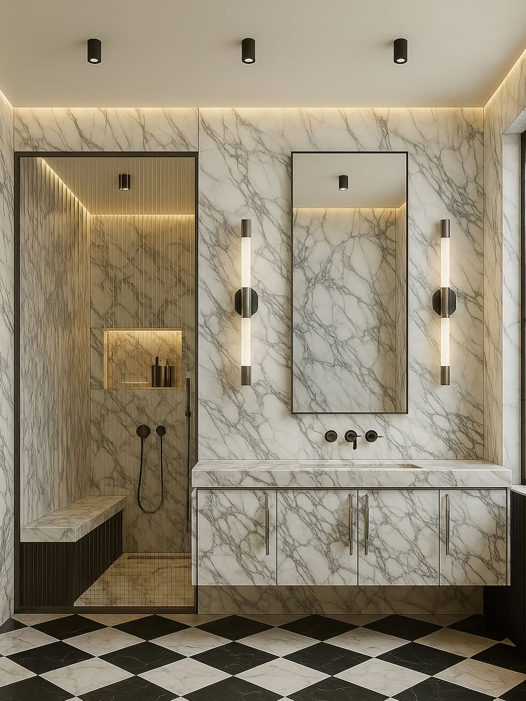 Marble Vanity with Integrated Vertical Sconce Lighting
