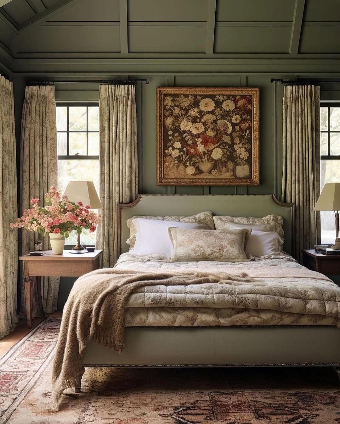 Framed Floral Tapestry Anchors the Bed Wall